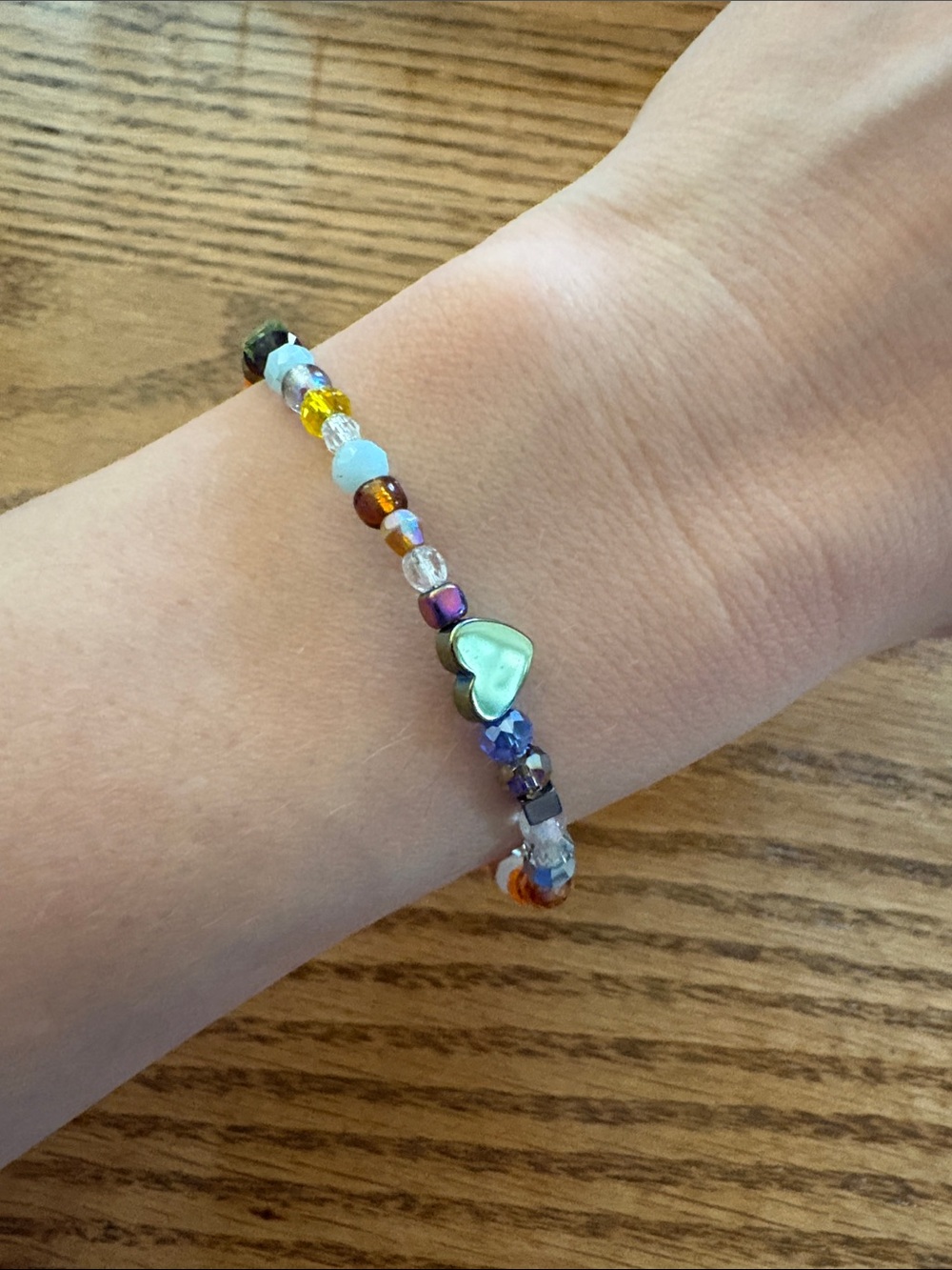 Hand Crafted Multicolor Beaded Heart Memory Wire Bracelet - Picture 7 of 8